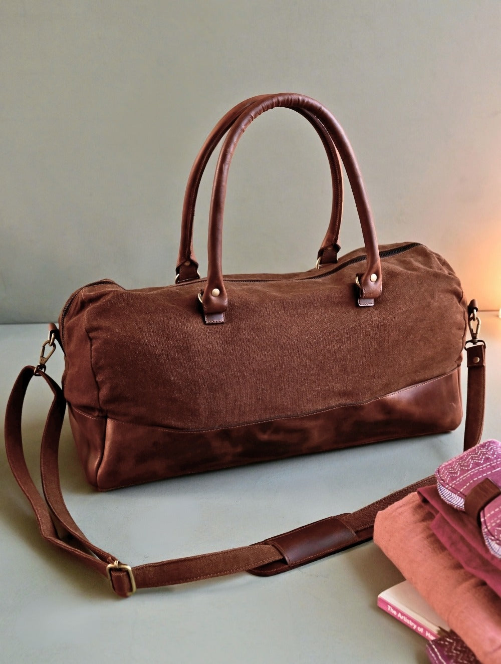 Kantha Caravan Collection: The Kantha & Canvas Duffle Bag - Chestnut Whales (Large)