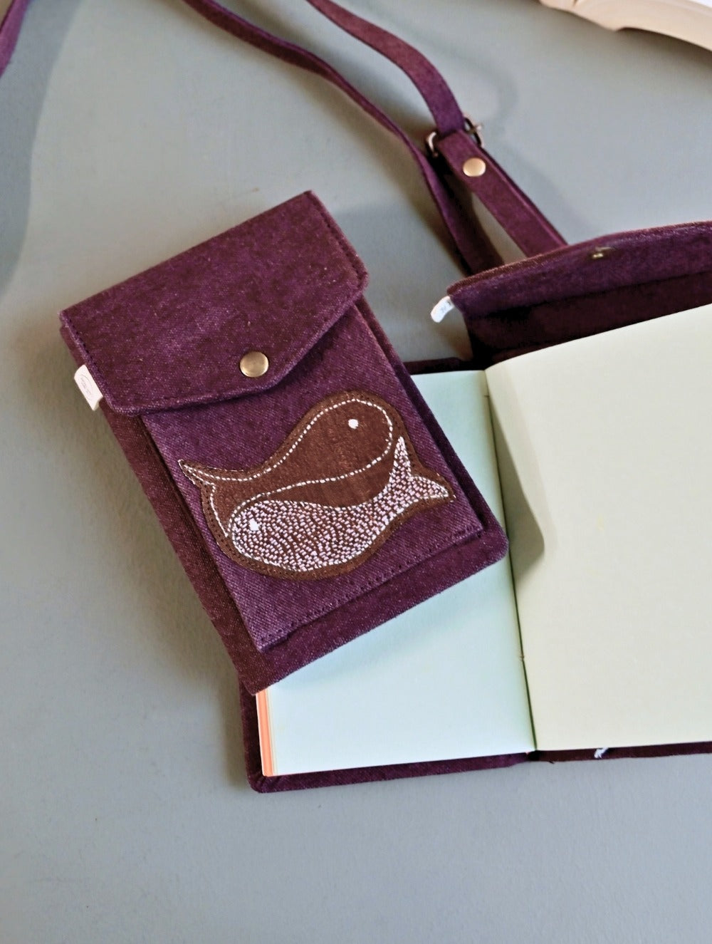 Kantha Caravan Collection: The Kantha & Canvas Cross Body Sling Bag with Journal - Plum Whales