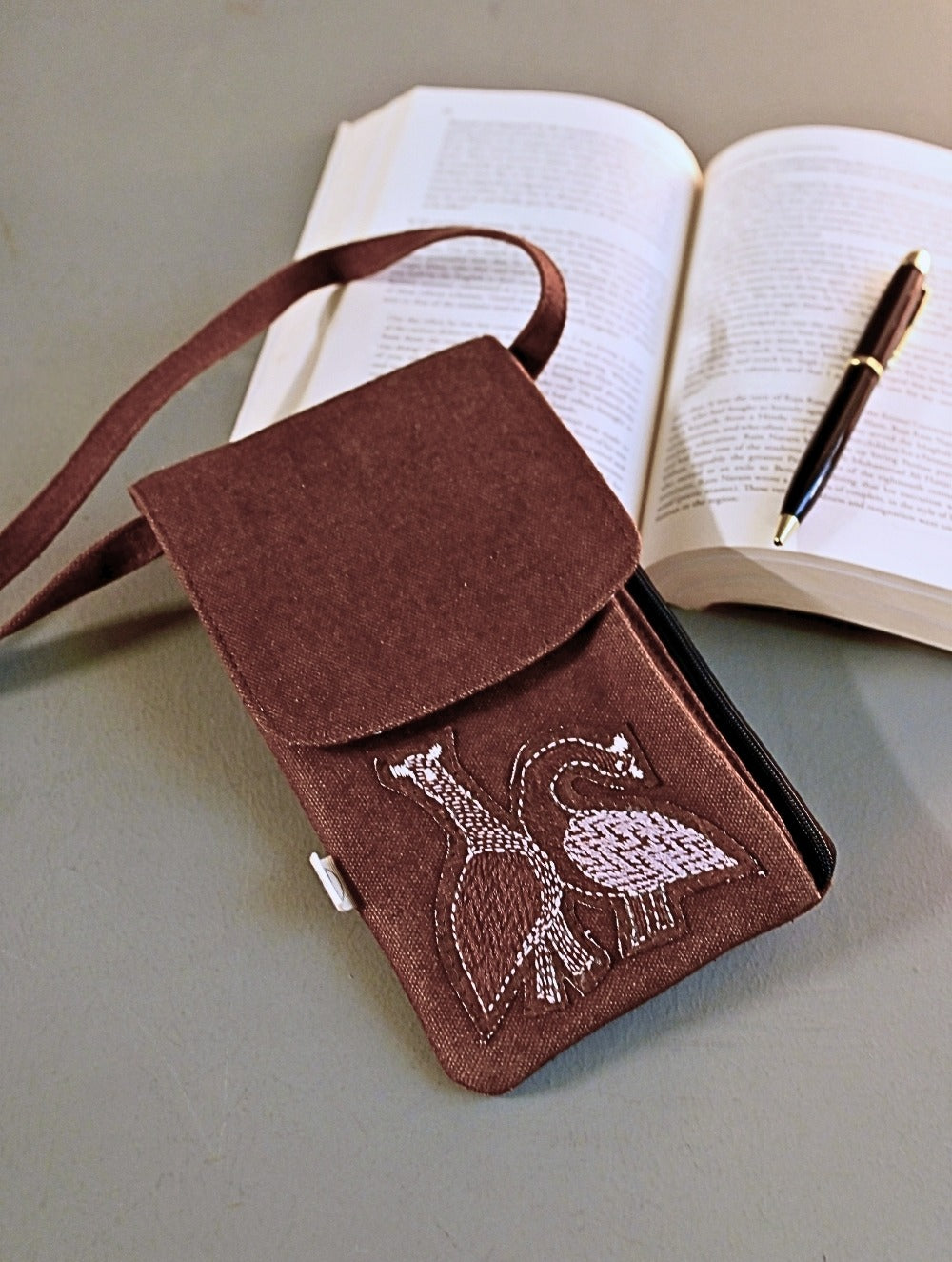 Kantha Caravan Collection: The Kantha & Canvas Cross Body Mobile Sling Bag - Walnut Peacocks