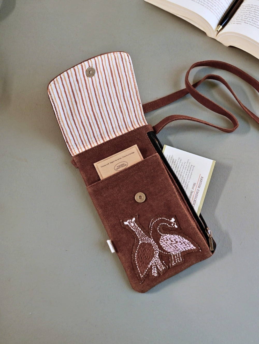 Kantha Caravan Collection: The Kantha & Canvas Cross Body Mobile Sling Bag - Walnut Peacocks