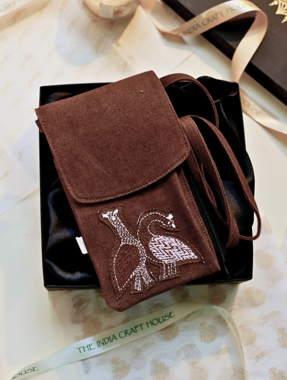 Kantha Caravan Collection: The Kantha & Canvas Cross Body Mobile Sling Bag - Walnut Peacocks