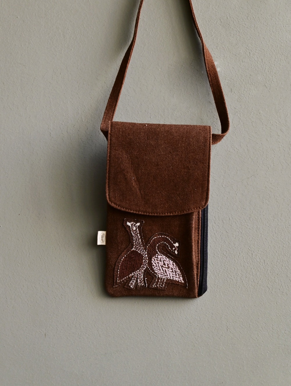 Kantha Caravan Collection: The Kantha & Canvas Cross Body Mobile Sling Bag - Walnut Peacocks