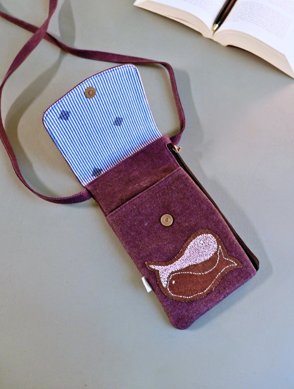 Kantha Caravan Collection: The Kantha & Canvas Cross Body Mobile Sling Bag - Plum Fish