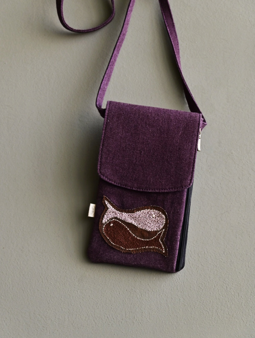 Kantha Caravan Collection: The Kantha & Canvas Cross Body Mobile Sling Bag - Plum Fish