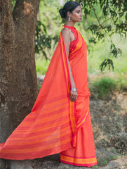 Bengal Weaves. Handwoven Soft Cotton Saree - Coral Radience