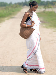 Bengal Weaves. Handwoven Soft Cotton Saree - Ivory Grid