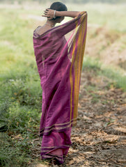 Bengal Weaves. Handwoven Soft Cotton Saree - Mulberry Borders
