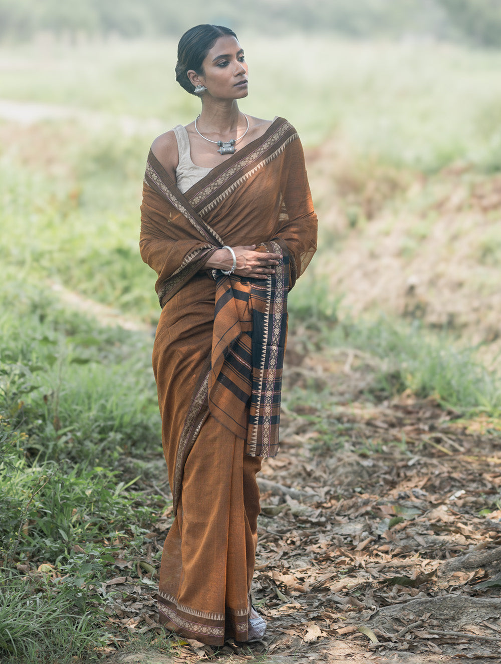 Bengal Weaves. Handwoven Soft Cotton Saree - Copper Dusk