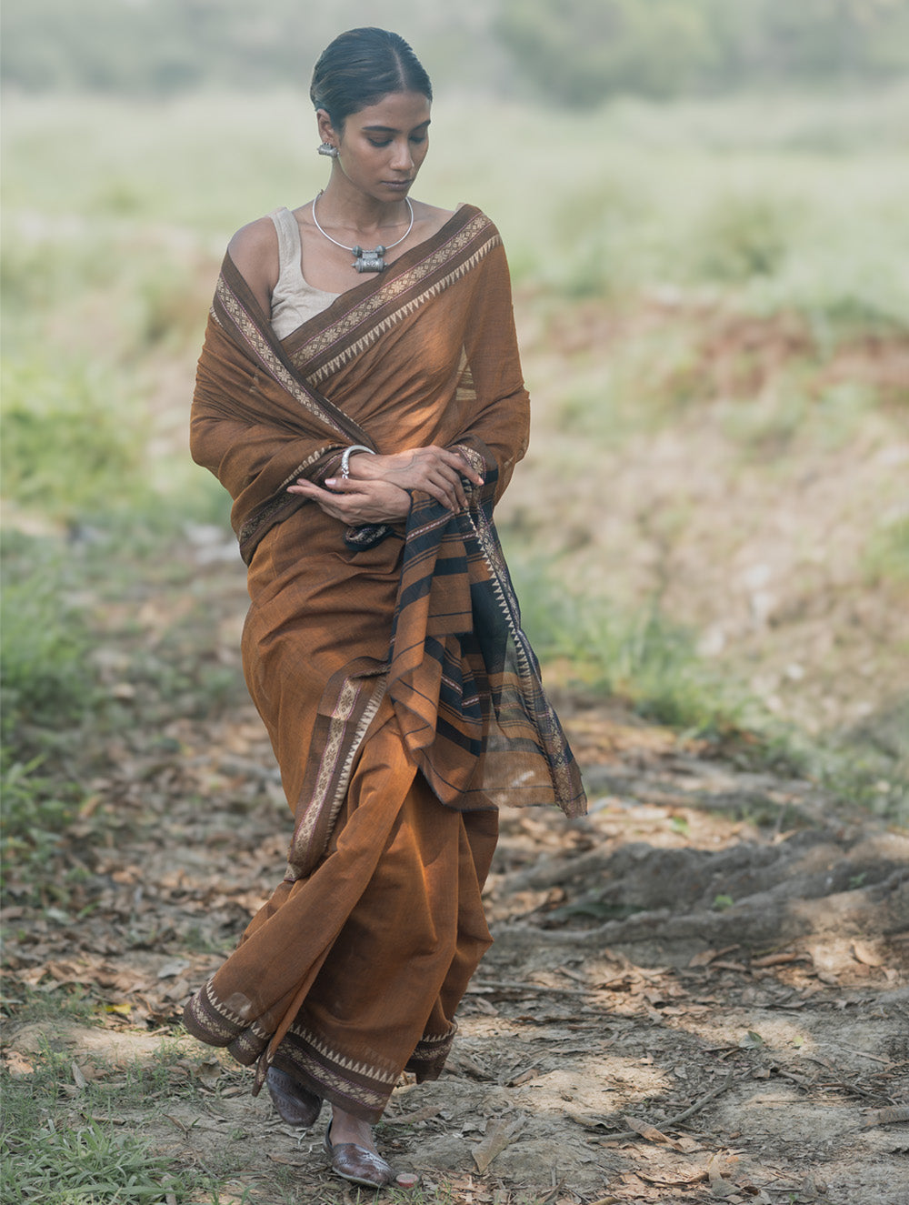 Bengal Weaves. Handwoven Soft Cotton Saree - Copper Dusk