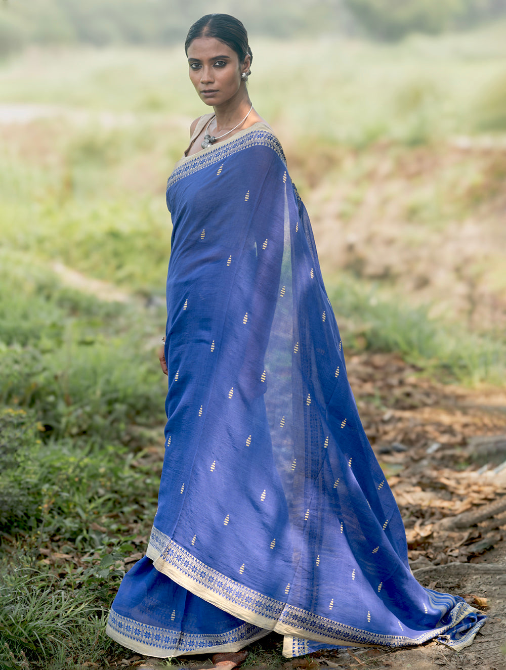 Bengal Weaves. Handwoven Soft Cotton Saree - Sapphire Meadow