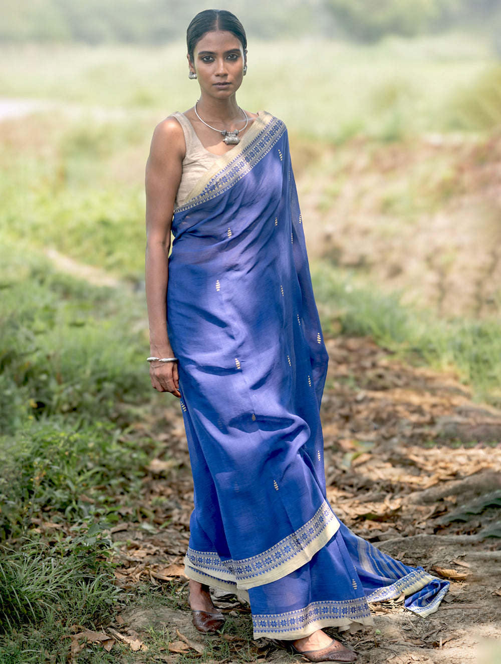 Bengal Weaves. Handwoven Soft Cotton Saree - Sapphire Meadow
