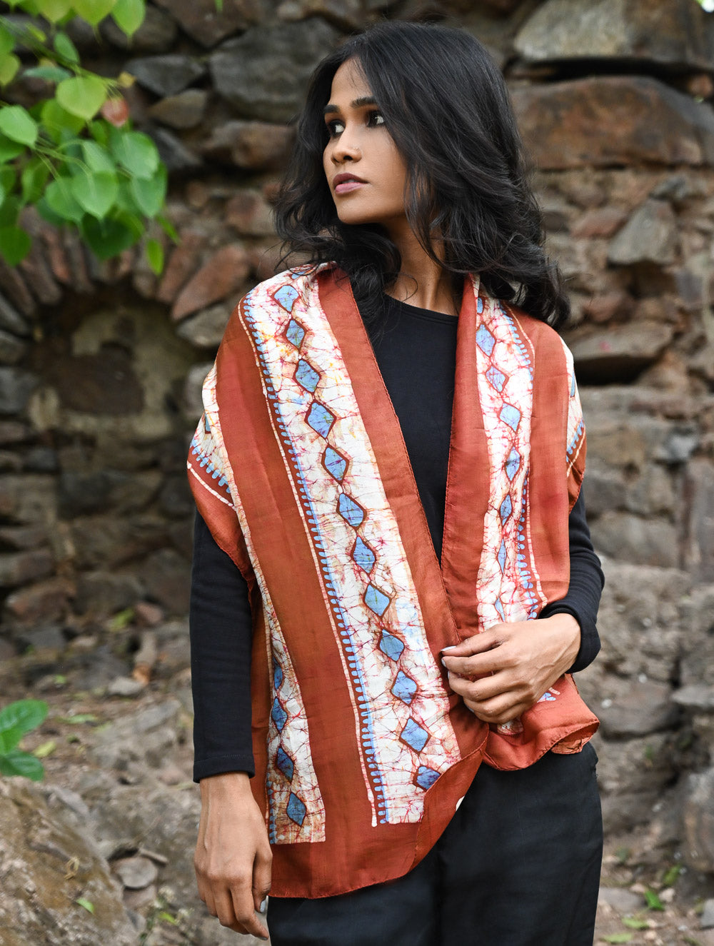 Light & Soft. Handcrafted Silk Batik Scarf - Terracotta Sky