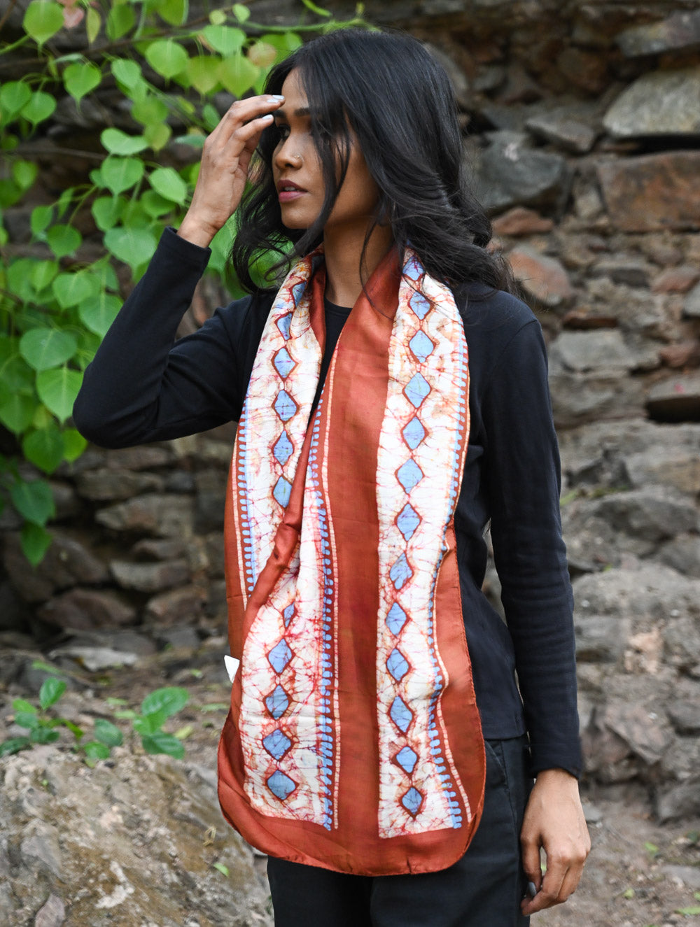 Light & Soft. Handcrafted Silk Batik Scarf - Terracotta Sky
