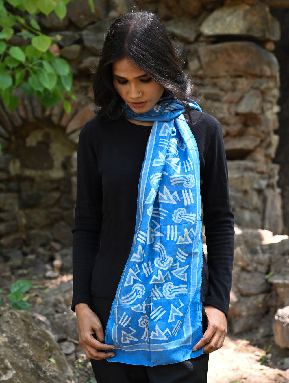 Light & Soft. Handcrafted Silk Batik Scarf - Azure Script