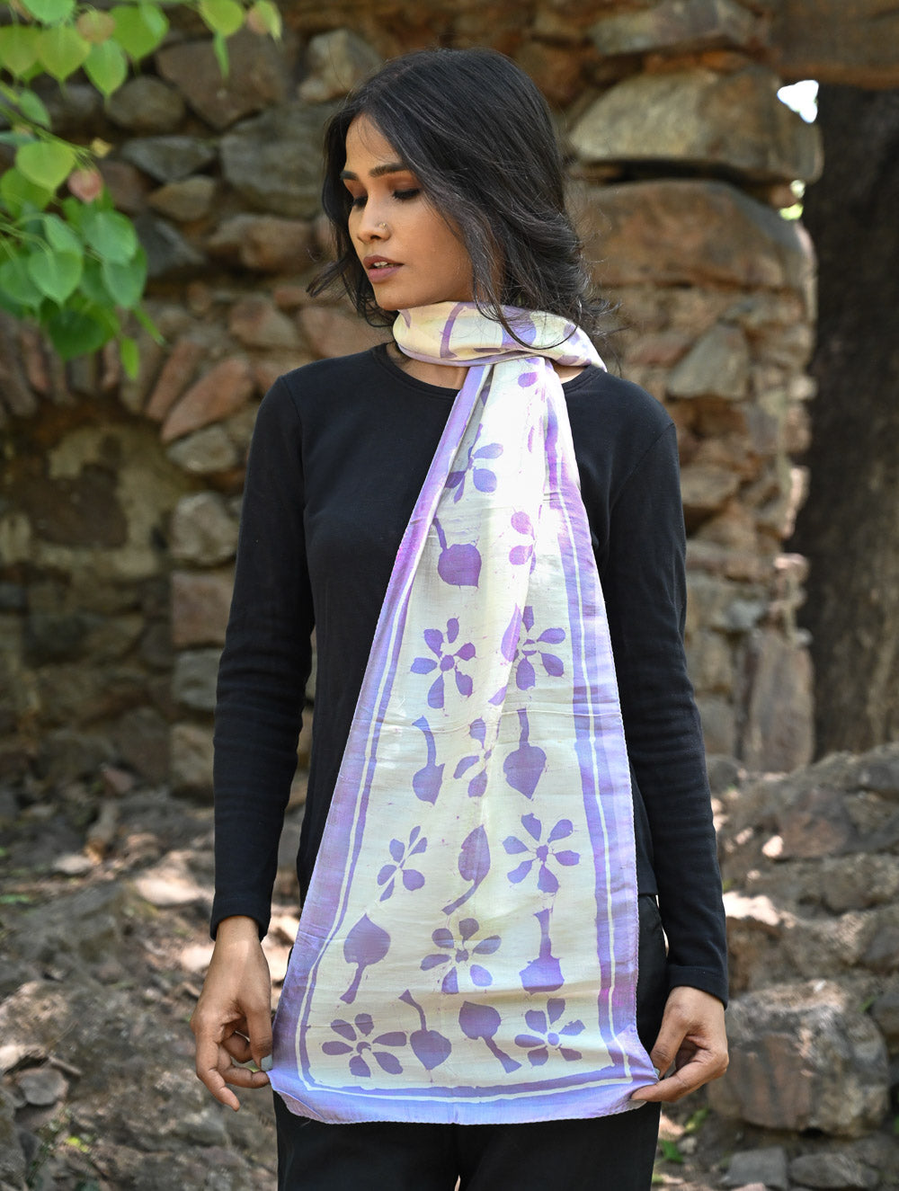 Light & Soft. Handcrafted Silk Batik Scarf - Lilac Meadow