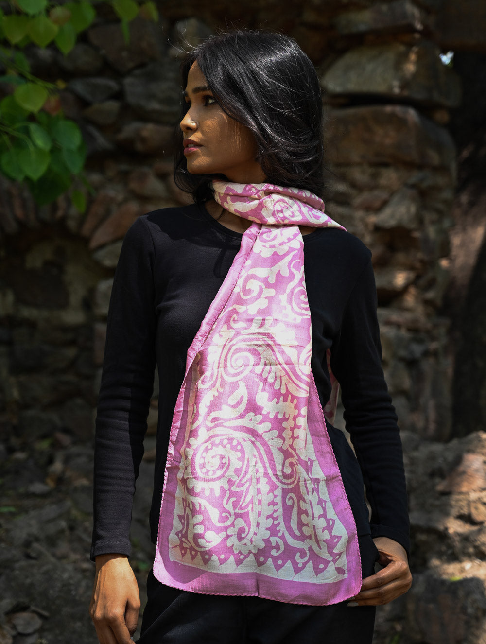 Light & Soft. Handcrafted Silk Batik Scarf - Mauve Vines
