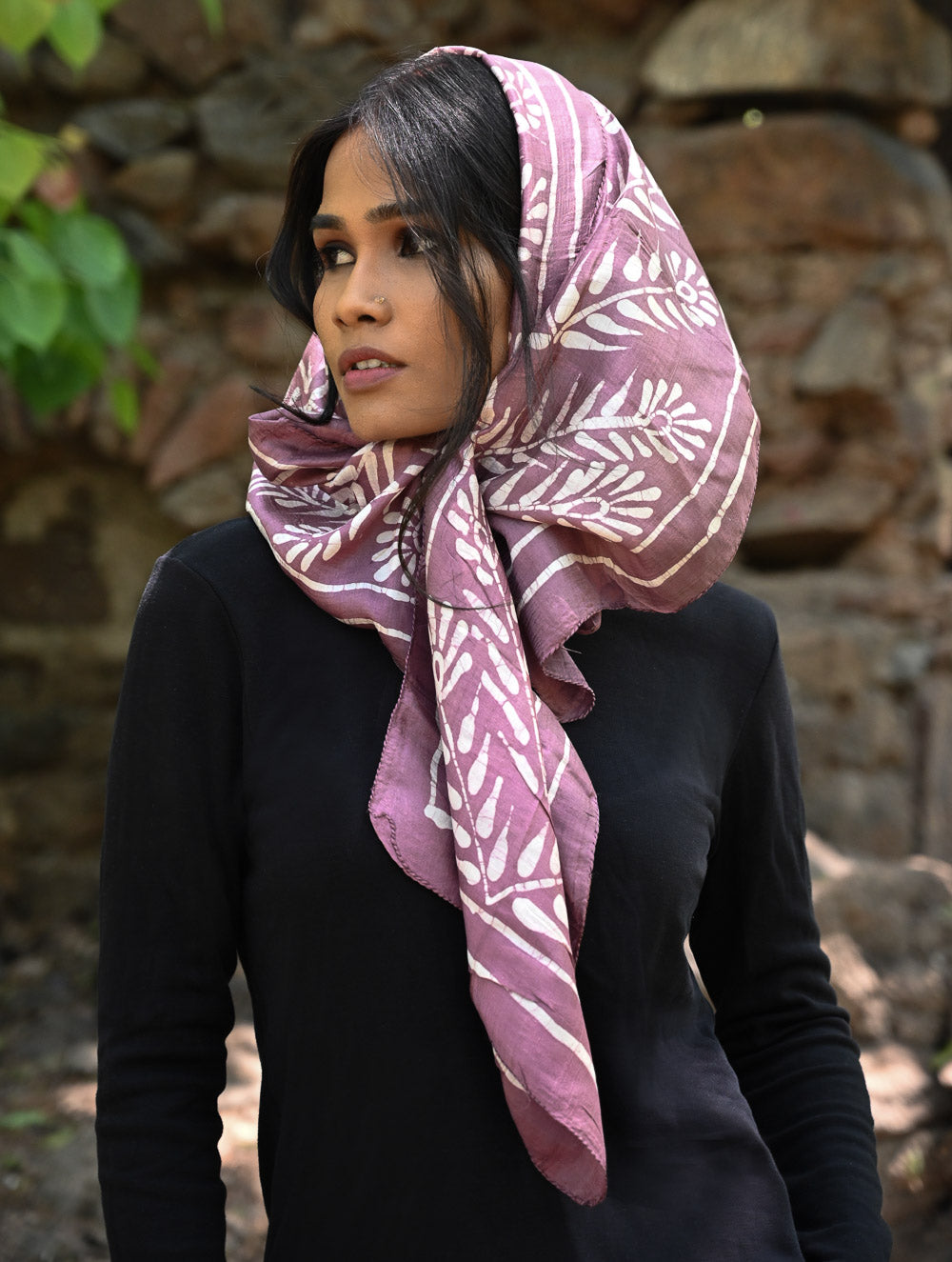 Light & Soft. Handcrafted Silk Batik Scarf - Mauve Fern