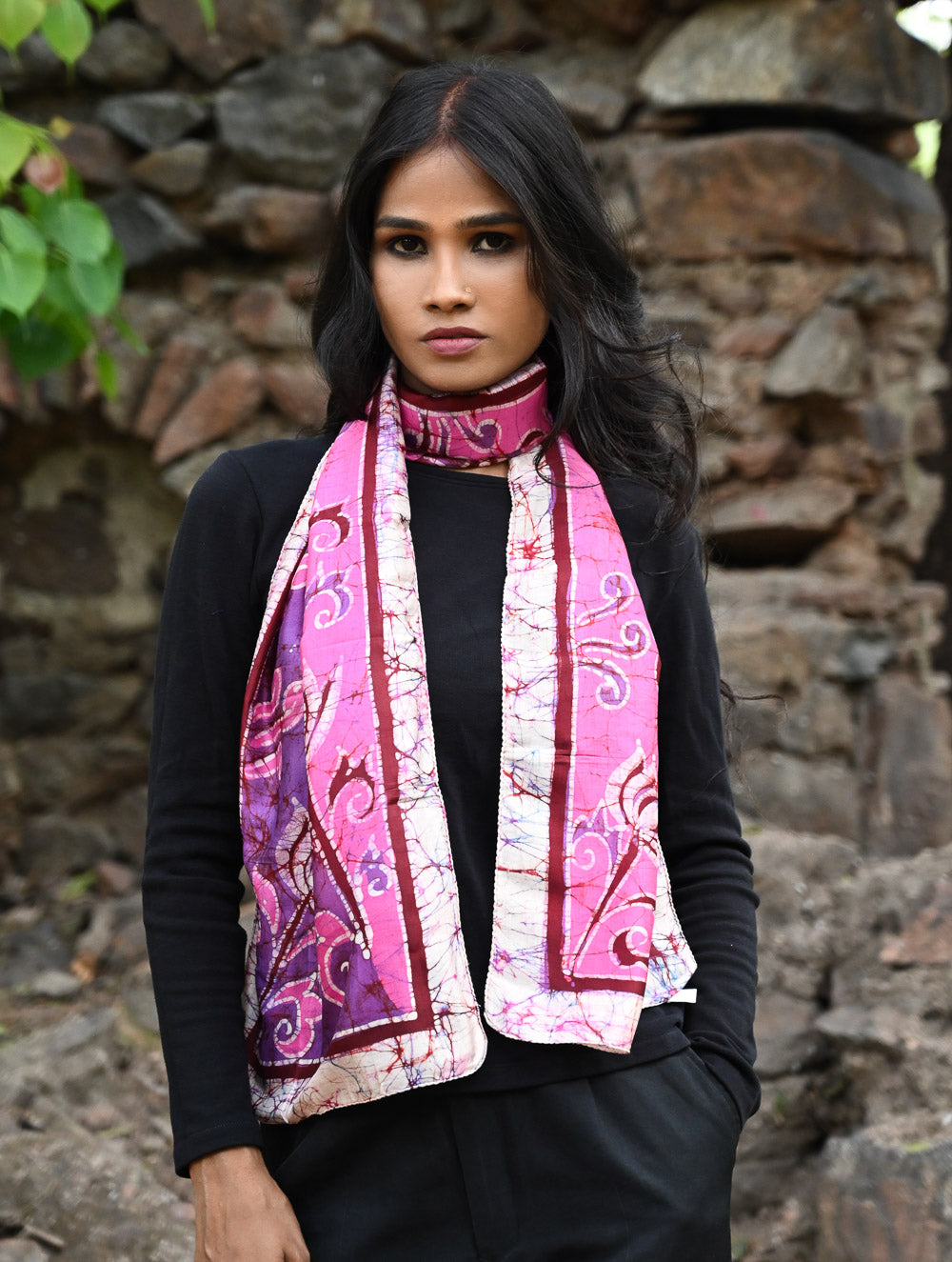 Light & Soft. Handcrafted Silk Batik Scarf - Fuchsia Whirl