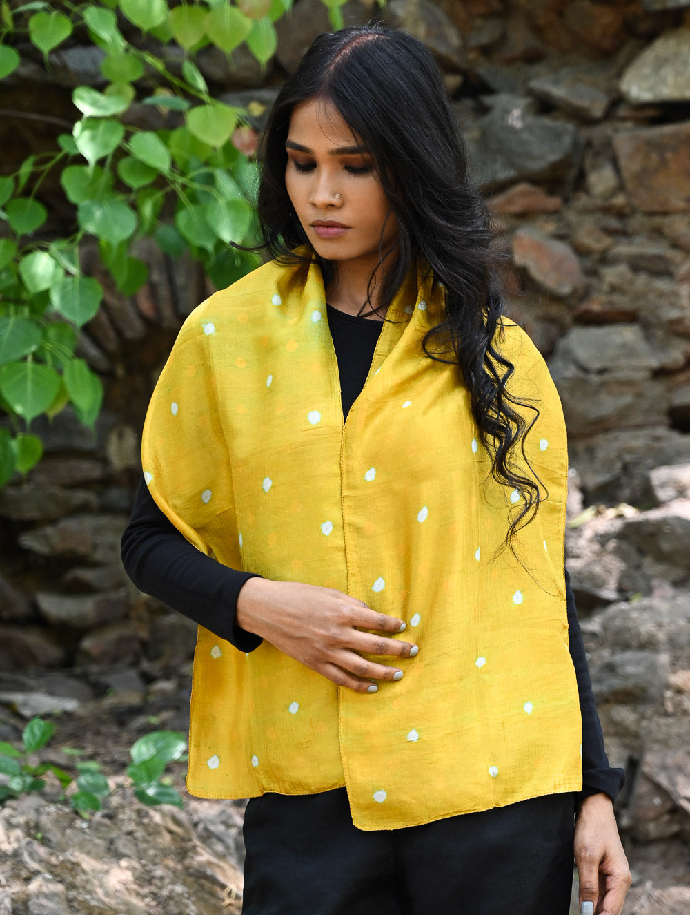 Light & Soft. Handcrafted Silk Bandhej Scarf - Sunshine Dots