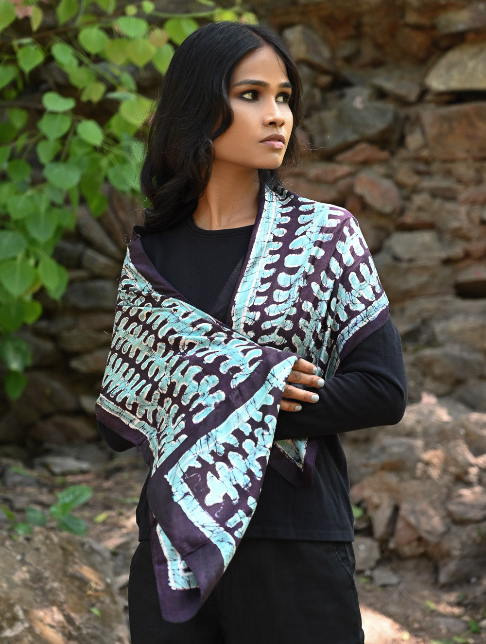 Light & Soft. Handcrafted Silk Batik Scarf - Moonlit Fern