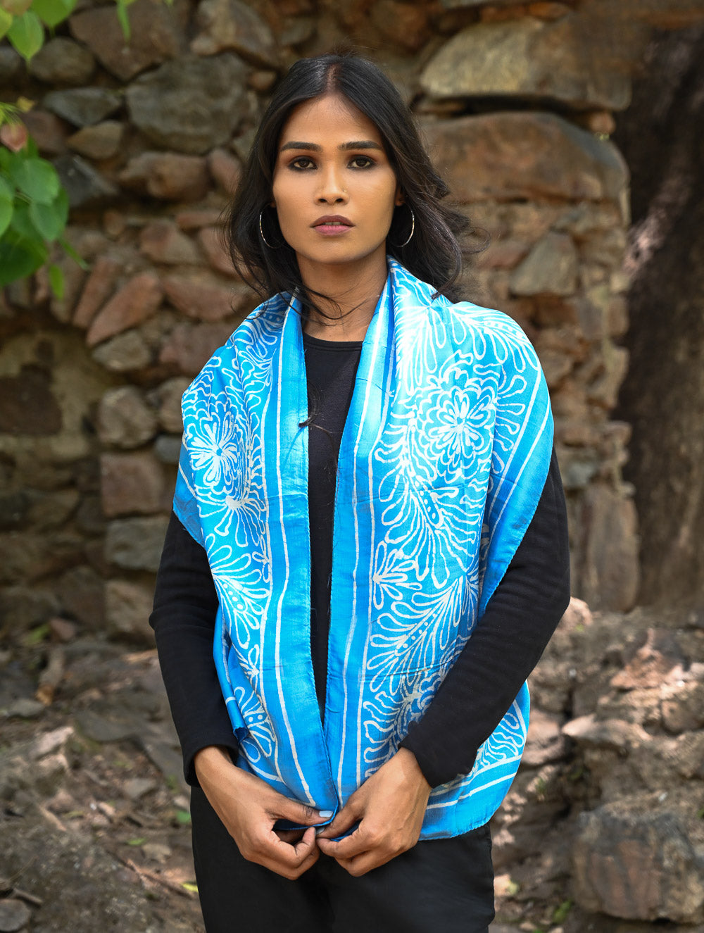 Light & Soft. Handcrafted Silk Batik Scarf - Sky Blooms