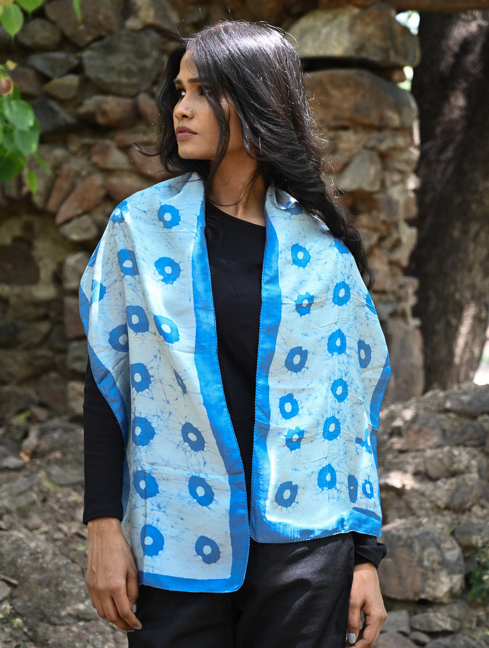 Light & Soft. Handcrafted Silk Batik Scarf - Blue Fields