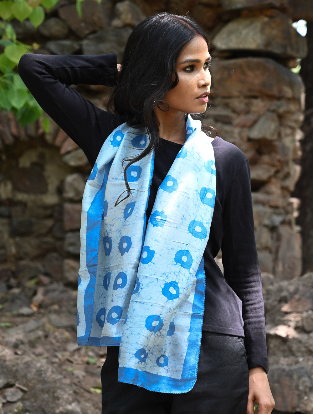 Light & Soft. Handcrafted Silk Batik Scarf - Blue Fields