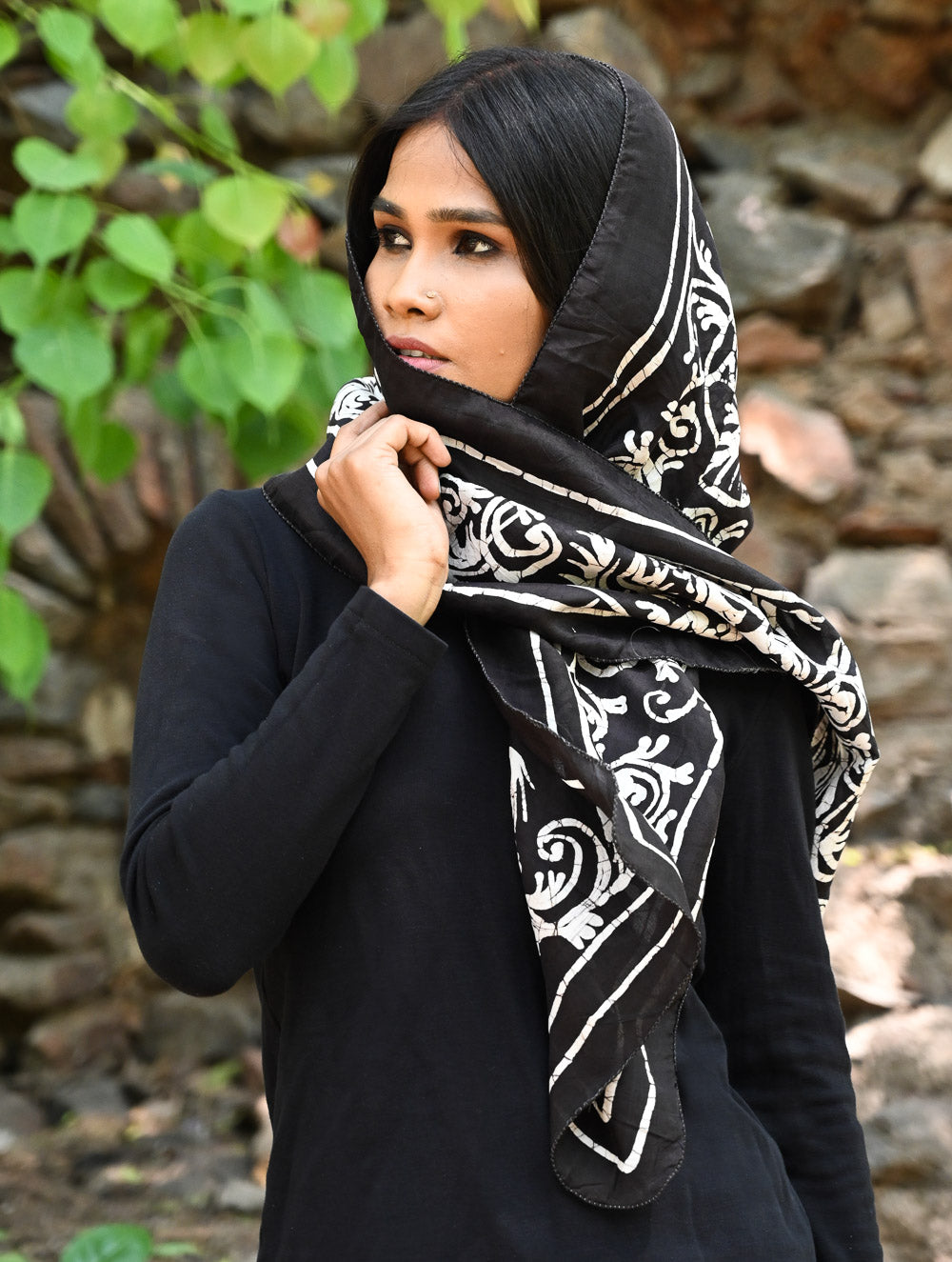 Light & Soft. Handcrafted Silk Batik Scarf - Ebony Scroll