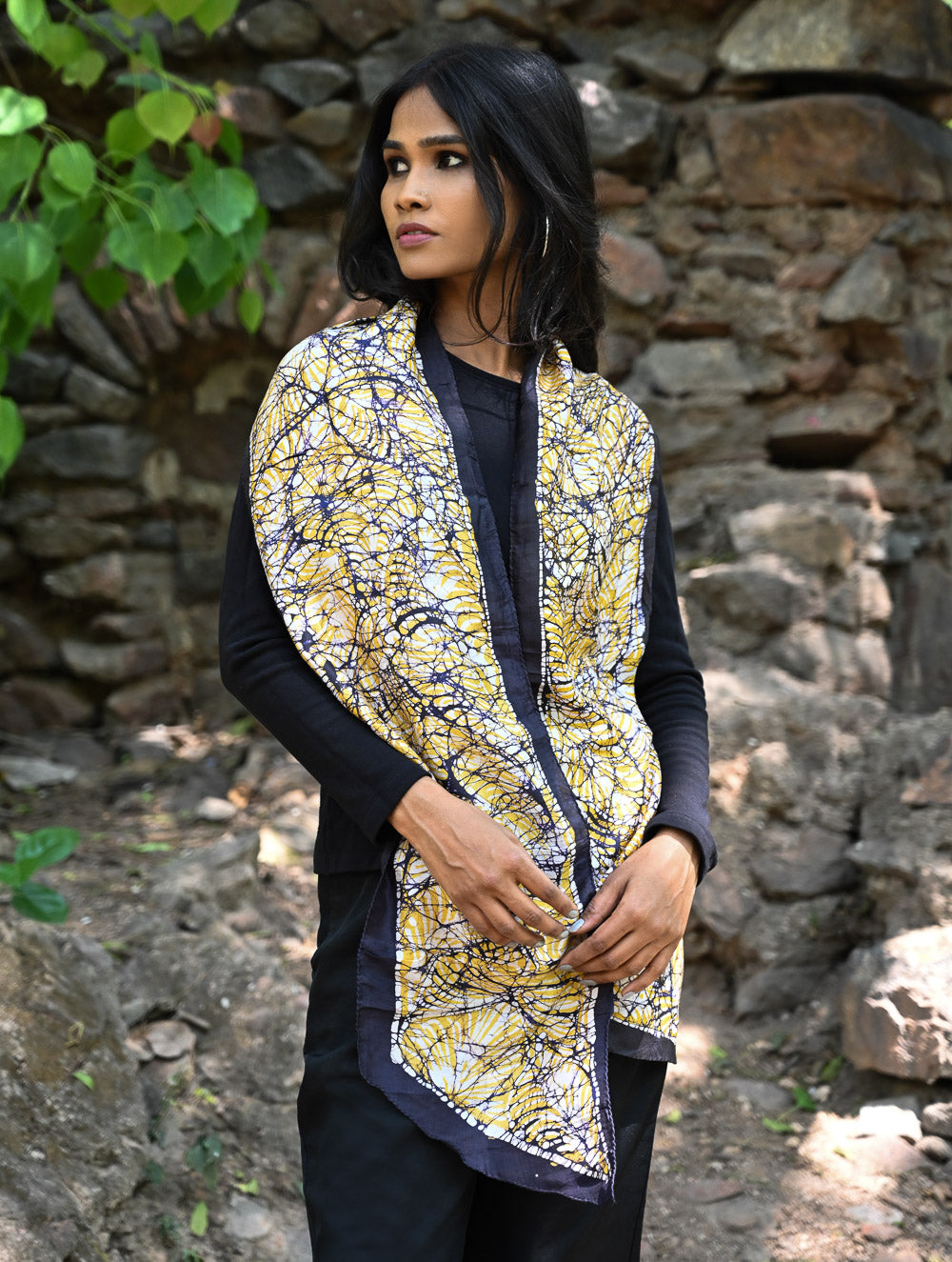 Light & Soft. Handcrafted Silk Batik Scarf - Golden Web