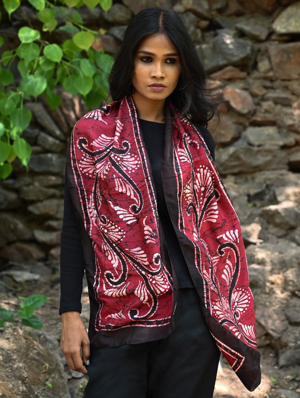 Light & Soft. Handcrafted Silk Batik Scarf - Ruby Feathers