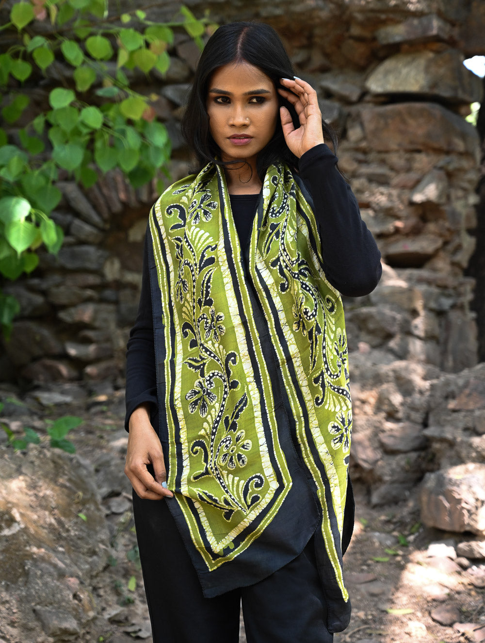 Light & Soft. Handcrafted Silk Batik Scarf - Olive Garden