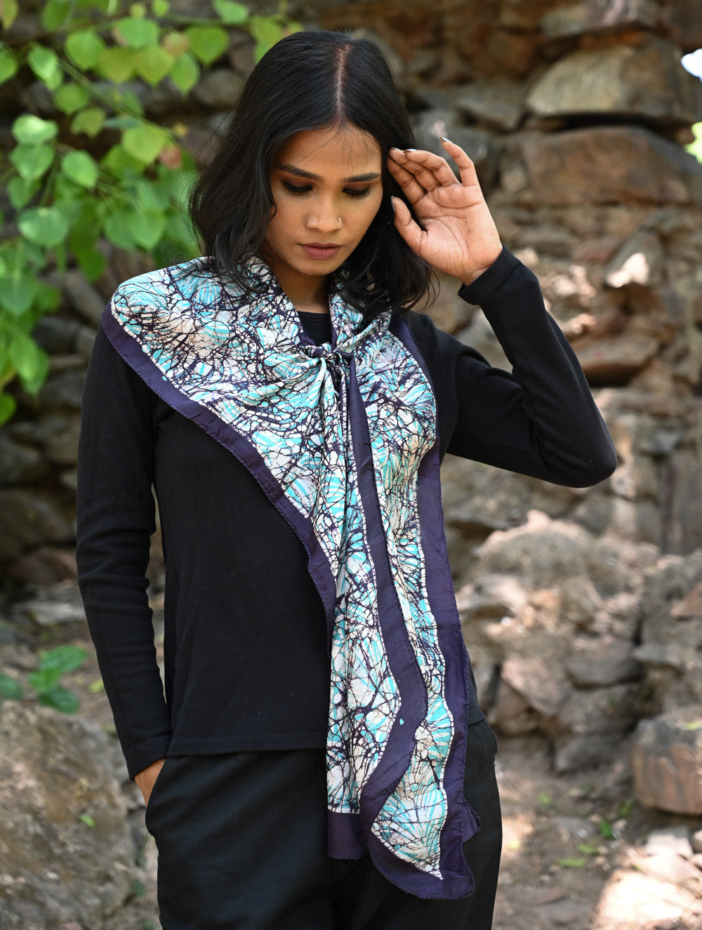 Light & Soft. Handcrafted Silk Batik Scarf - Turquoise Drape