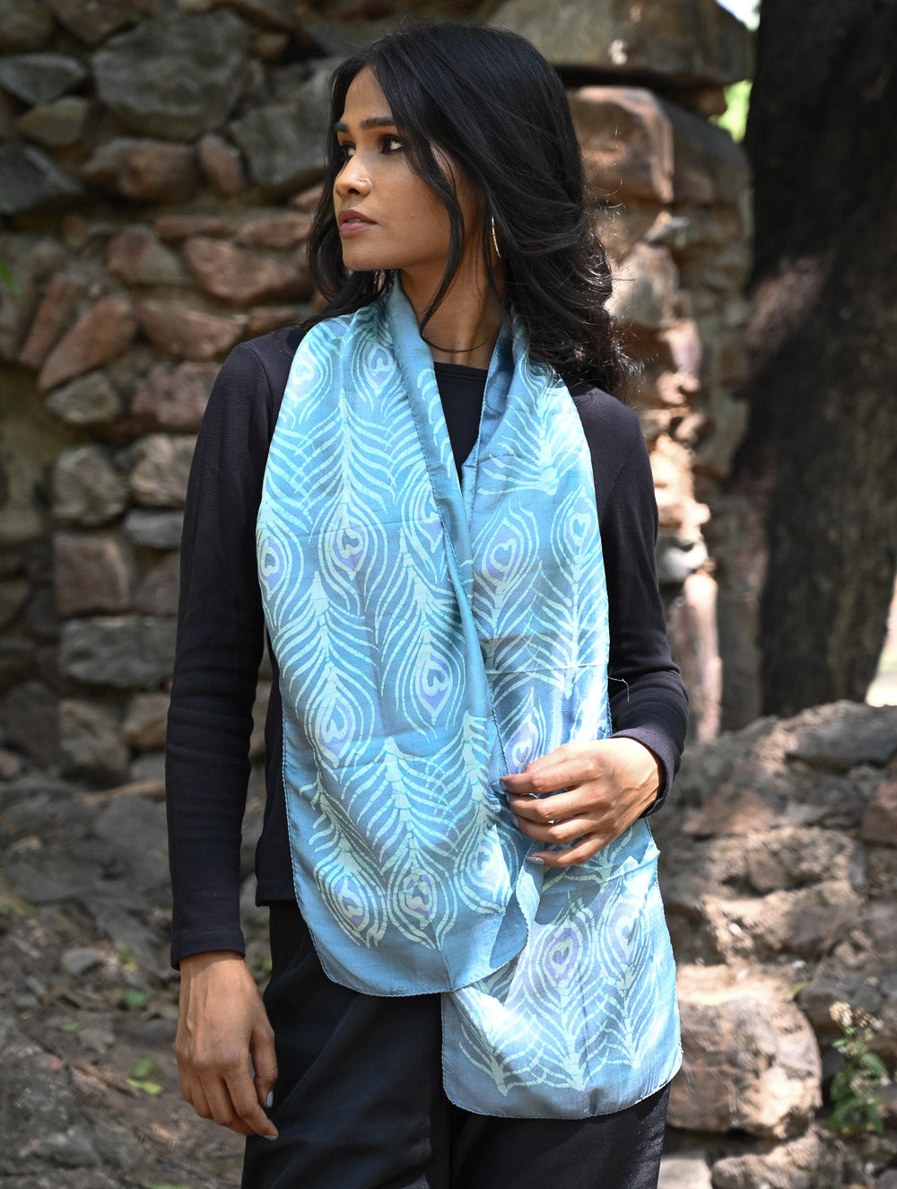 Light & Soft. Handcrafted Silk Batik Scarf - Azure Feather