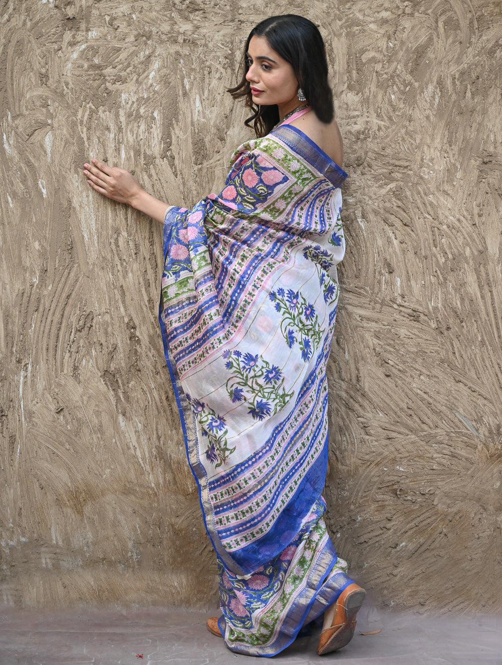 Sanganer Summers. Hand Block Printed Maheshwari Silk Cotton Saree- Neel Kamalini
