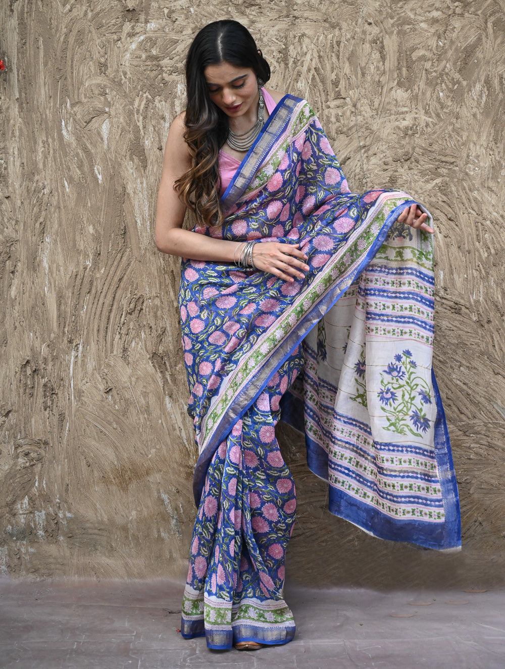 Sanganer Summers. Hand Block Printed Maheshwari Silk Cotton Saree- Neel Kamalini