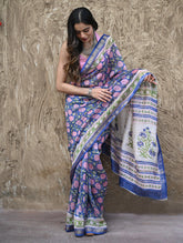 Sanganer Summers. Hand Block Printed Maheshwari Silk Cotton Saree- Neel Kamalini