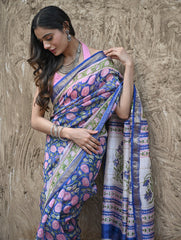 Sanganer Summers. Hand Block Printed Maheshwari Silk Cotton Saree- Neel Kamalini