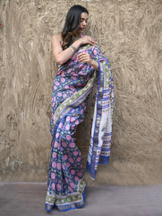 Sanganer Summers. Hand Block Printed Maheshwari Silk Cotton Saree- Neel Kamalini