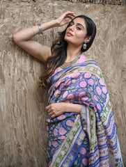Sanganer Summers. Hand Block Printed Maheshwari Silk Cotton Saree- Neel Kamalini
