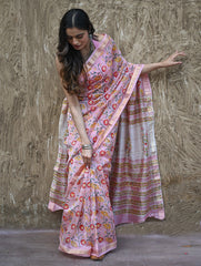 Sanganer Summers. Hand Block Printed Maheshwari Silk Cotton Saree - Kusuma