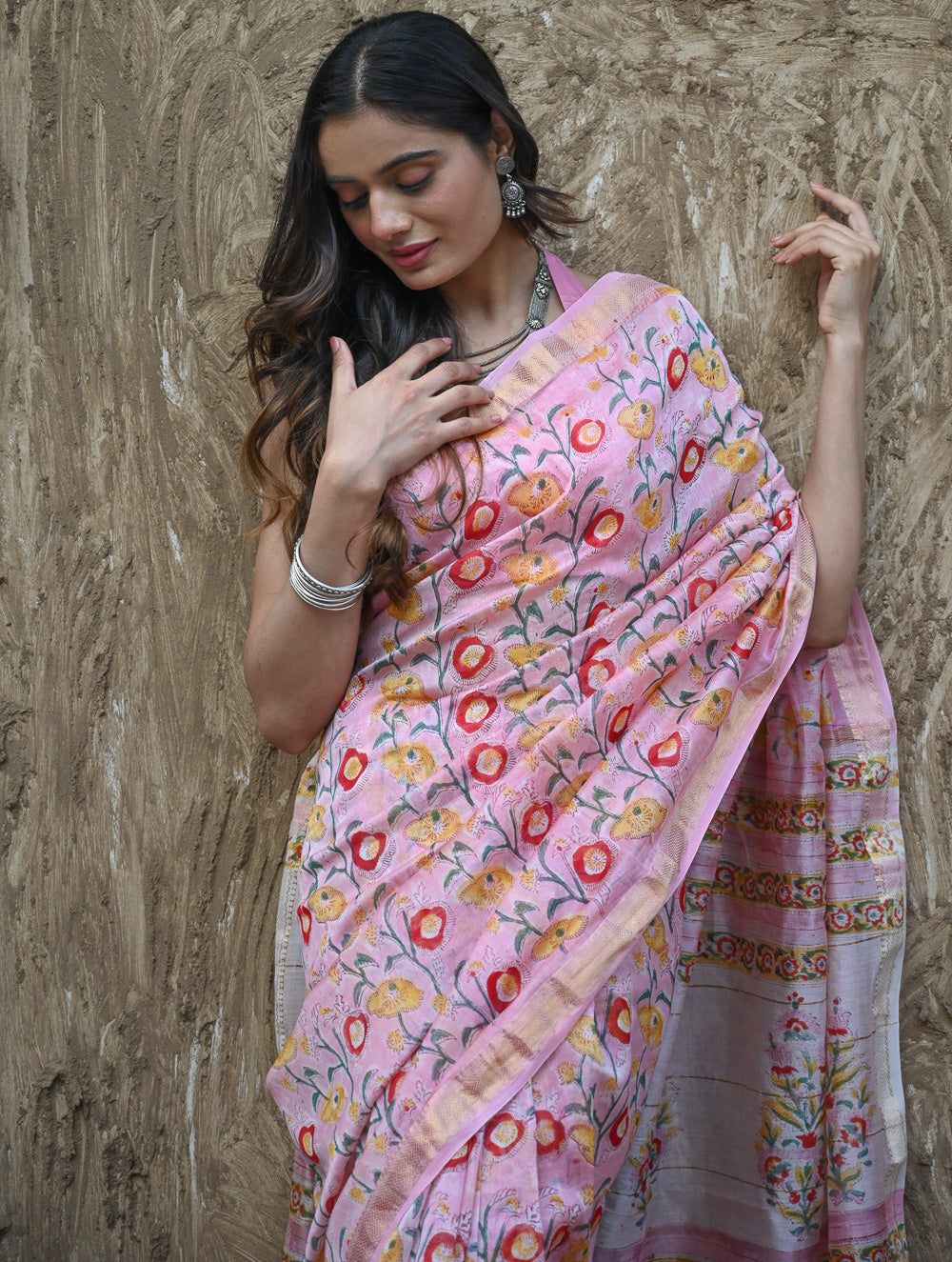 Sanganer Summers. Hand Block Printed Maheshwari Silk Cotton Saree - Kusuma