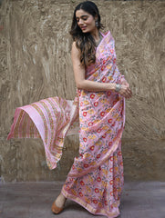 Sanganer Summers. Hand Block Printed Maheshwari Silk Cotton Saree - Kusuma