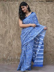 Sanganer Summers. Hand Block Printed Maheshwari Mul Cotton Saree - Vanaja