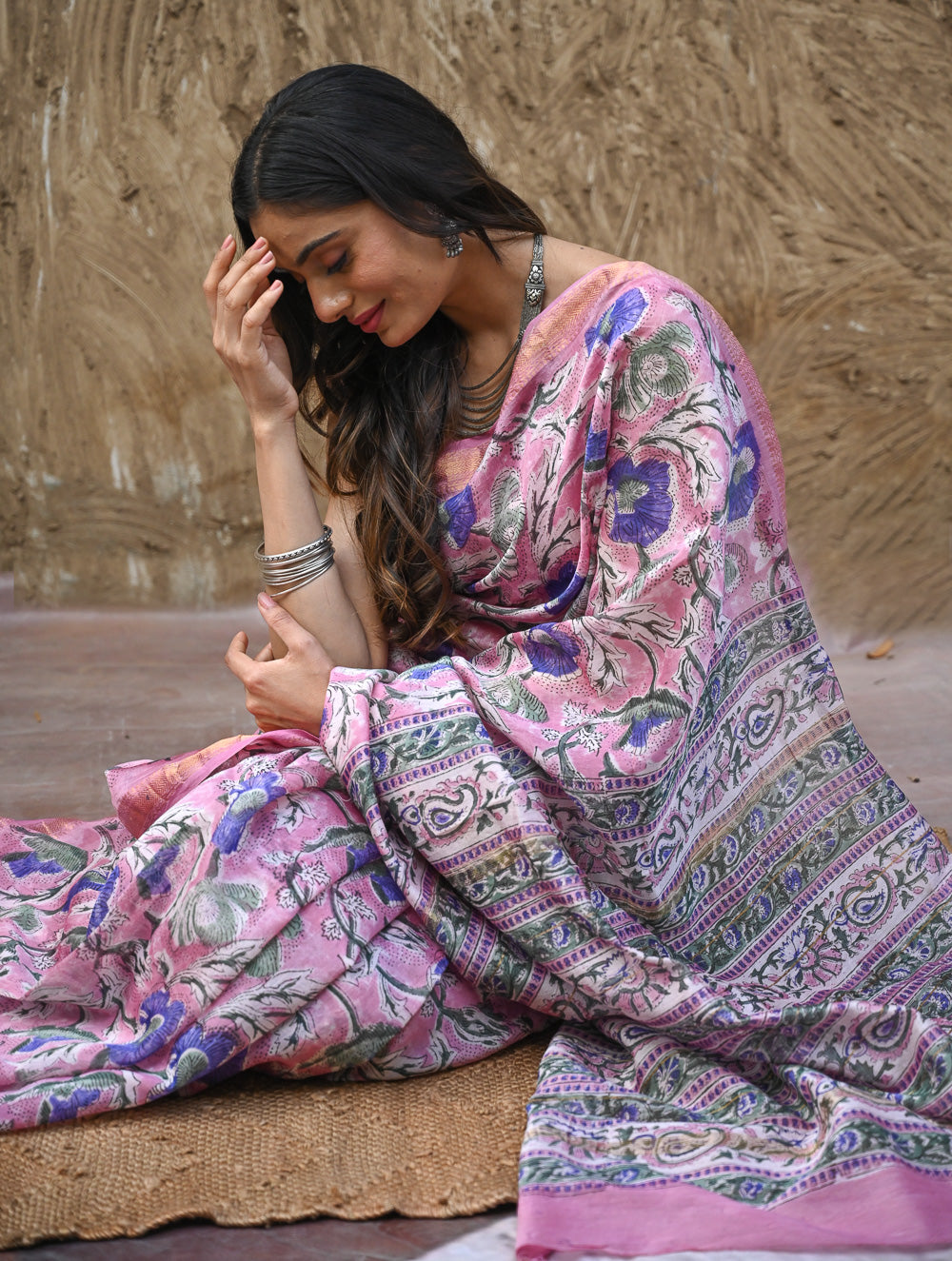 Sanganer Summers. Hand Block Printed Maheshwari Silk Cotton Saree - Mauve Florals