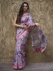 Sanganer Summers. Hand Block Printed Maheshwari Silk Cotton Saree - Mauve Florals