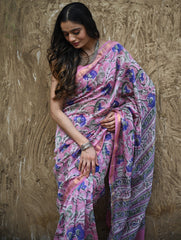 Sanganer Summers. Hand Block Printed Maheshwari Silk Cotton Saree - Mauve Florals