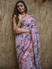 Sanganer Summers. Hand Block Printed Maheshwari Silk Cotton Saree - Mauve Florals