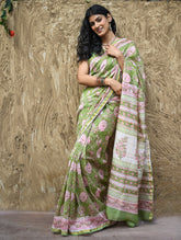 Sanganer Summers. Hand Block Printed Chanderi Saree - Green Florals