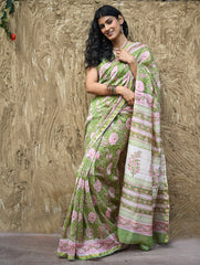 Sanganer Summers. Hand Block Printed Chanderi Saree - Green Florals