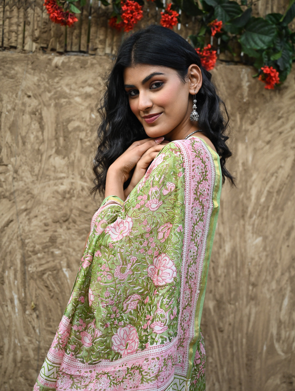Sanganer Summers. Hand Block Printed Chanderi Saree - Green Florals
